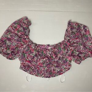 For Love & Lemons Katarina Blouse Size Small Cropped Puff Sleeve Floral Pink
